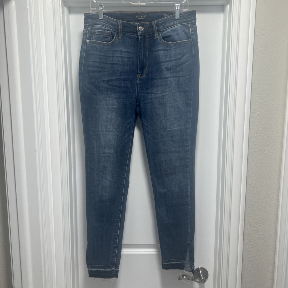Judy Blue Skinny Jeans Women 11/30 Blue Frayed Hem Ankle Slit Stretch JB82422MD